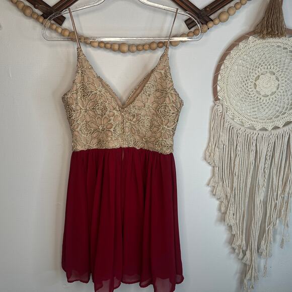 B. Darlin Gold Shimmer Burgundy Skirt Mini Dress - Picture 3 of 4